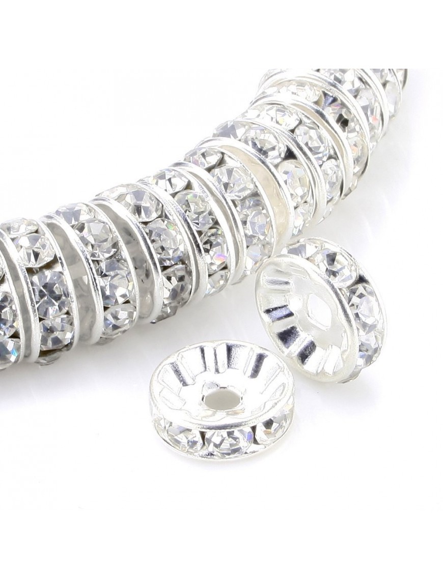 Lot De 20 Perles Rondelles Strass Argenté 10mm - Marque SAVMER, Neuf, Pour Création Bijoux
