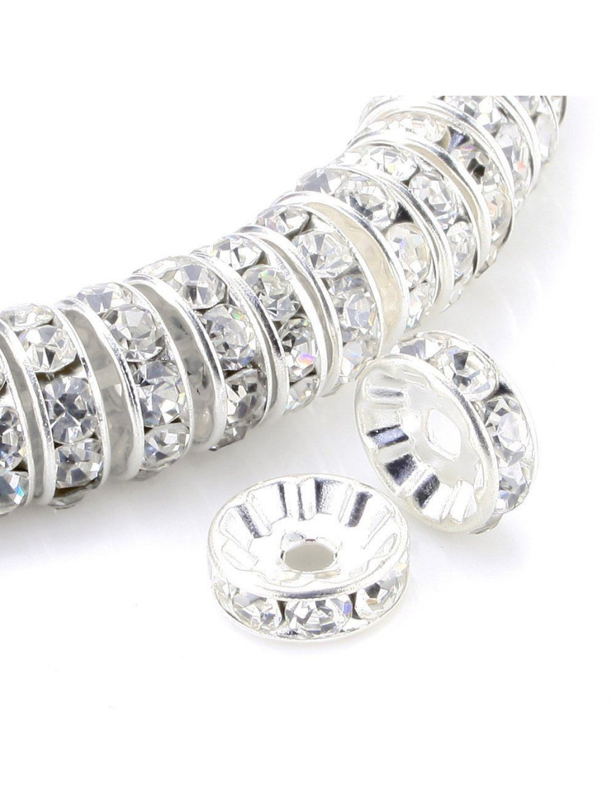 Lot De 20 Perles Intercalaires Strass Transparent Argenté 10 Mm - Grade A Pour Création De Bijoux