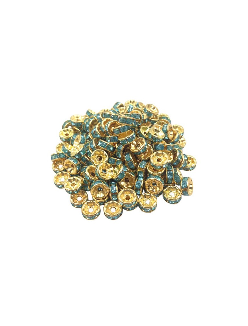 20 Perles Rondelle Strass Doré 8 Mm - Couleur Turquoise, Pour Création De Bijoux, Marque SAVMER