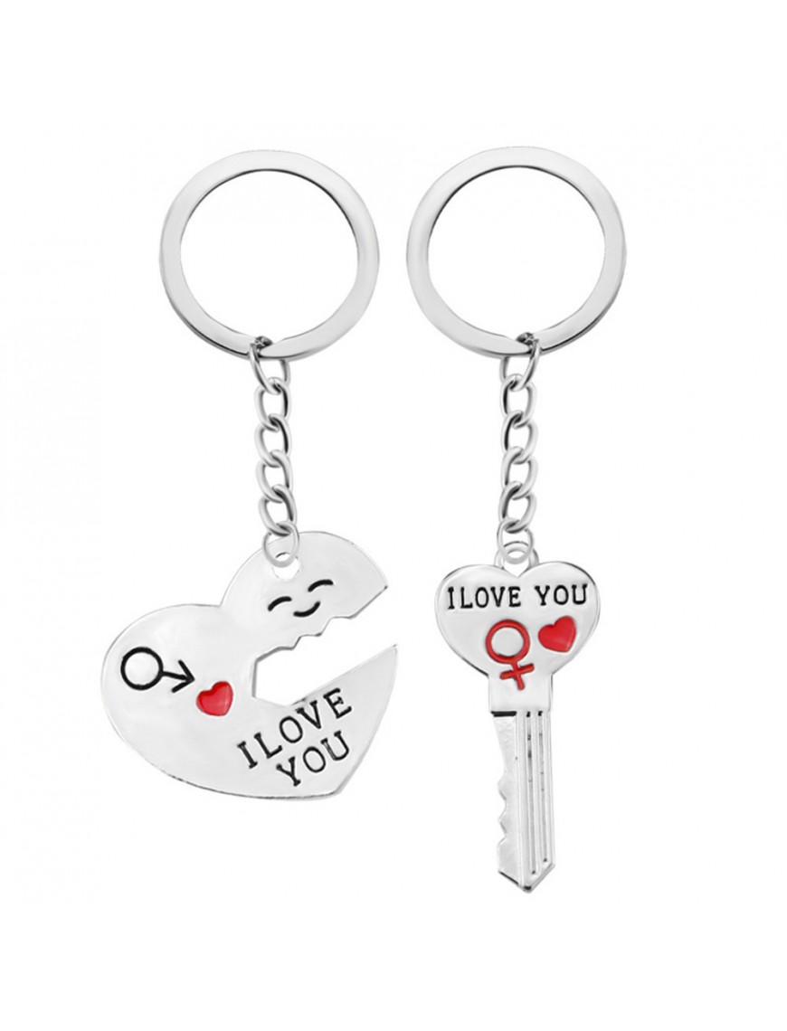 Porte-clés Couple - 2 Porte-clés Avec Motif Cœur Et Clé & "I Love You" - Cadeau Romantique