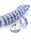 20 Perles 10mm Rondelle Couleur Argenté Strass Bleu