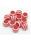 20 Perles Rayé en Resine 8mm Rouge et Blanc