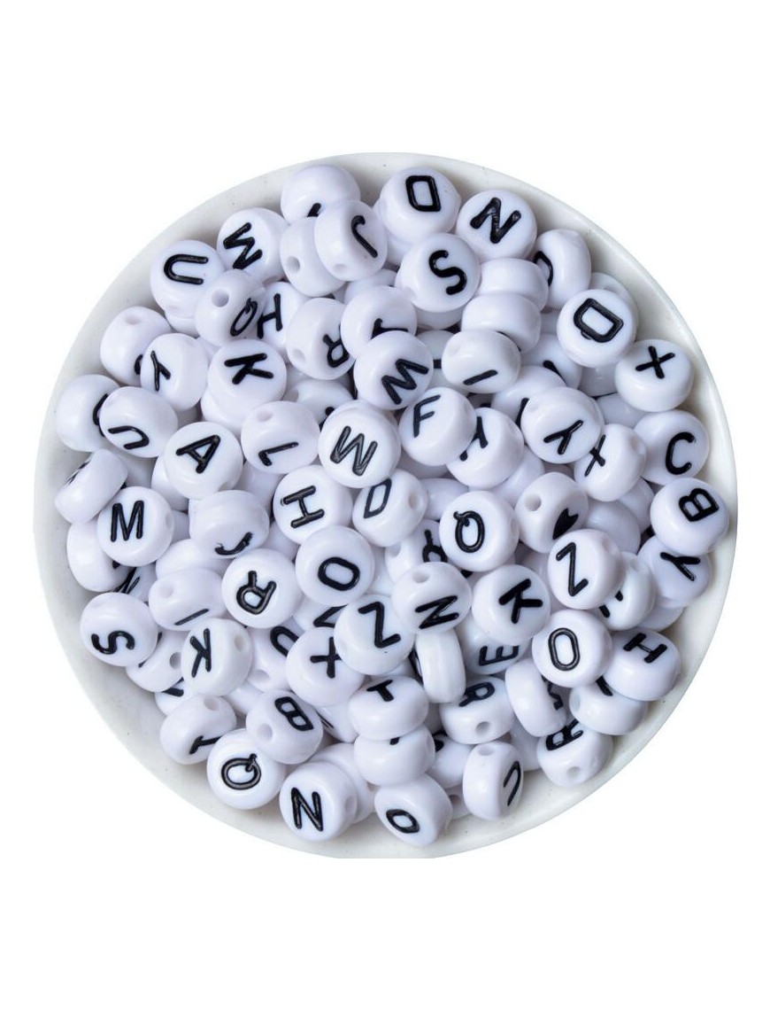 Perle Alphabet 7mm x 4mm Blanc Ecriture Noir Lettre au Choix
