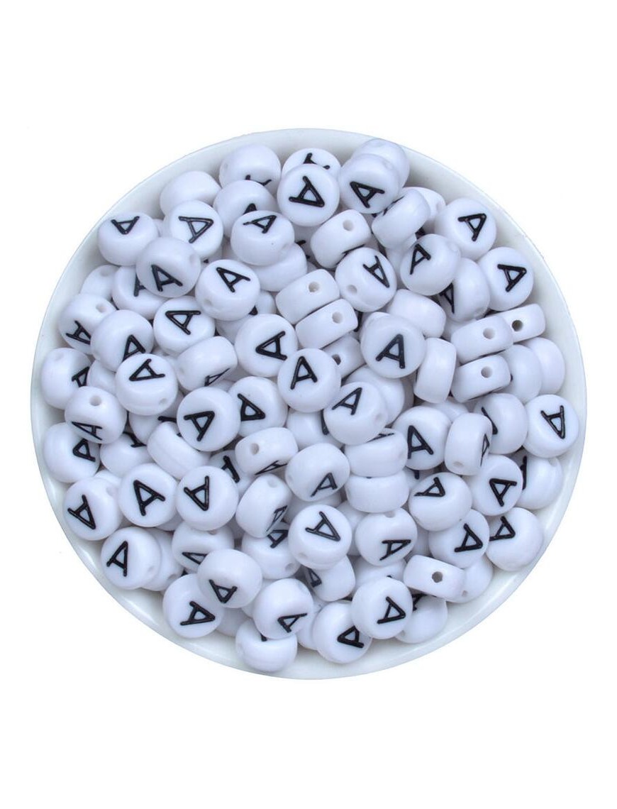 Perle Alphabet 7mm x 4mm Blanc Ecriture Noir Lettre au Choix
