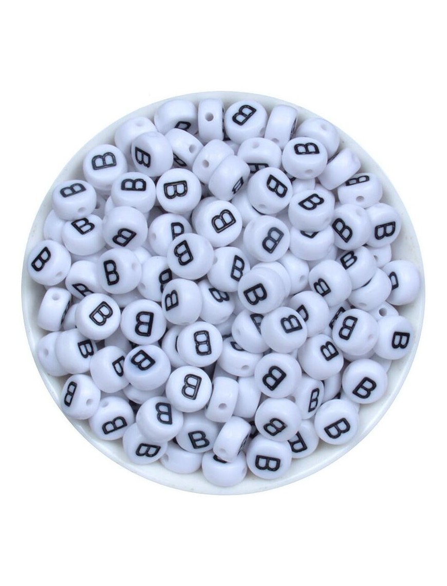 Perle Alphabet 7mm x 4mm Blanc Ecriture Noir Lettre au Choix