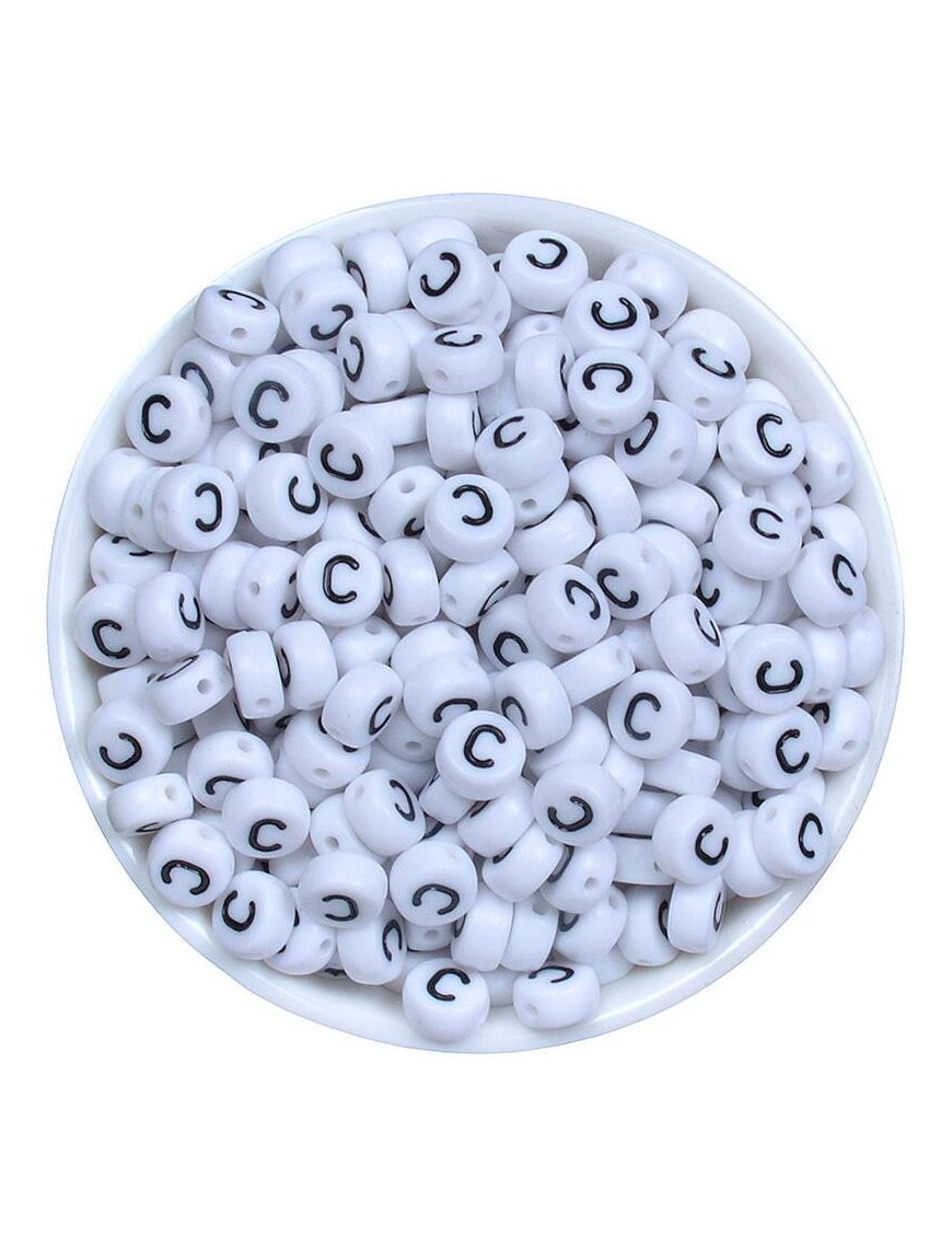Perle Alphabet 7mm x 4mm Blanc Ecriture Noir Lettre au Choix