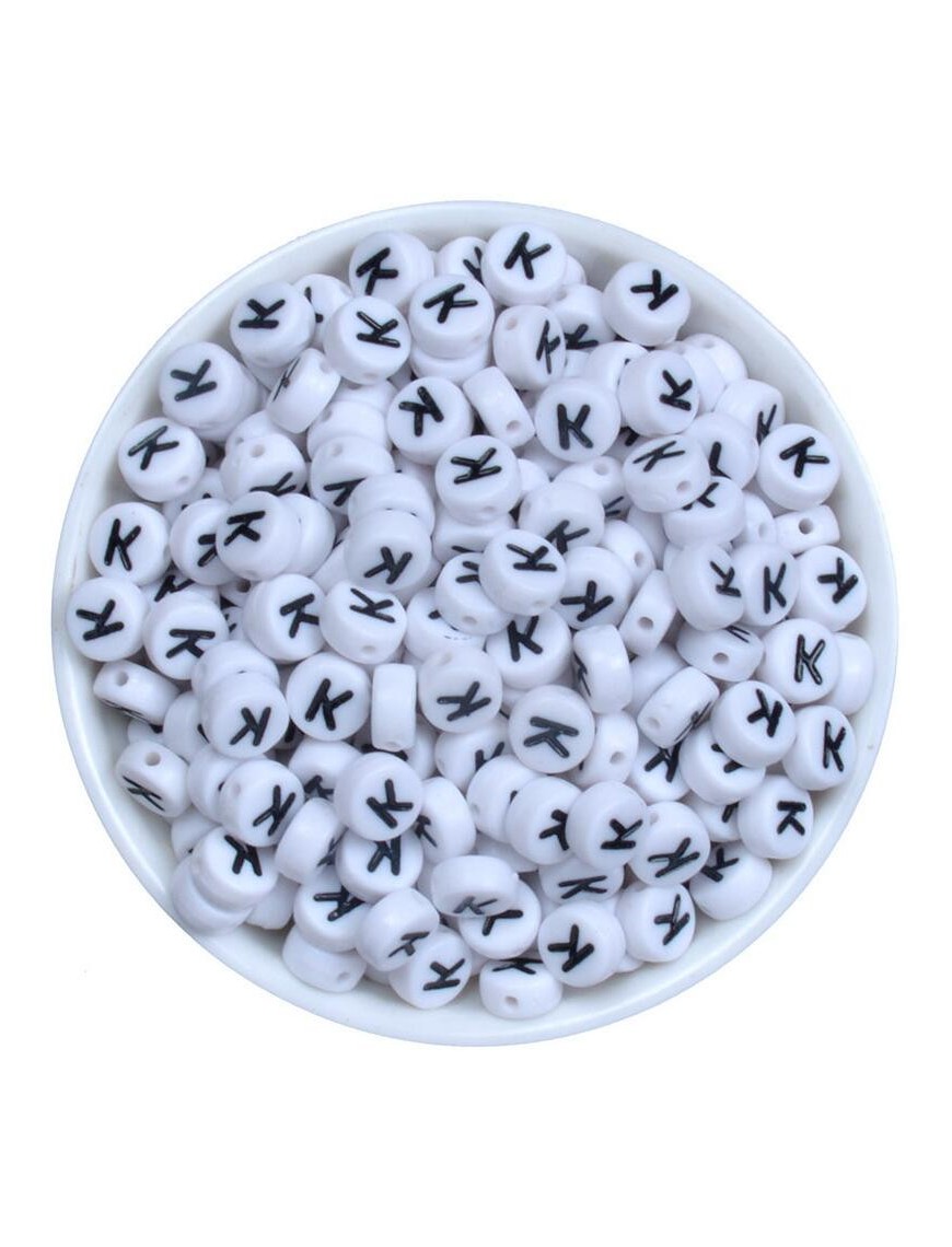 Perle Alphabet 7mm x 4mm Blanc Ecriture Noir Lettre au Choix