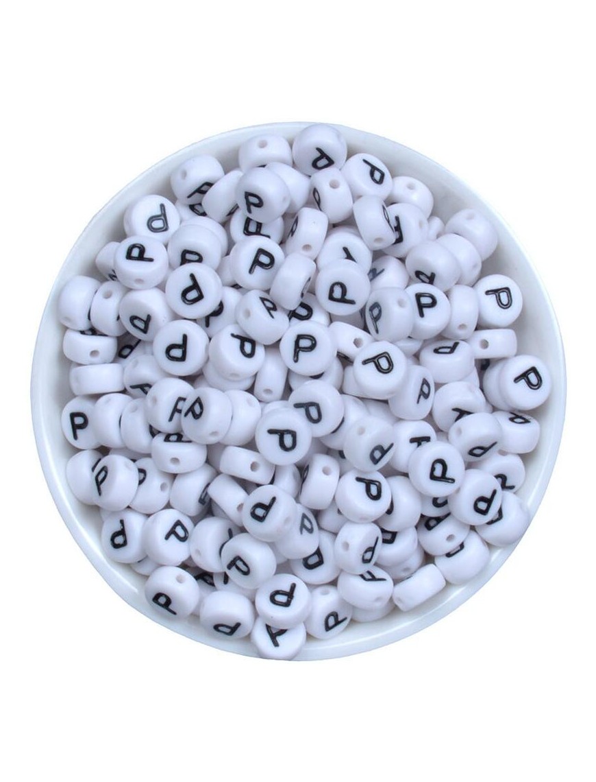 Perle Alphabet 7mm x 4mm Blanc Ecriture Noir Lettre au Choix