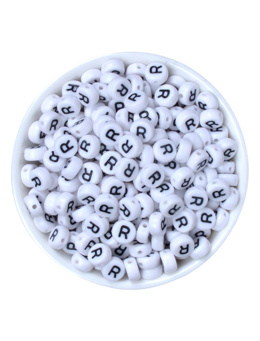 Perle Alphabet 7mm x 4mm Blanc Ecriture Noir Lettre au Choix