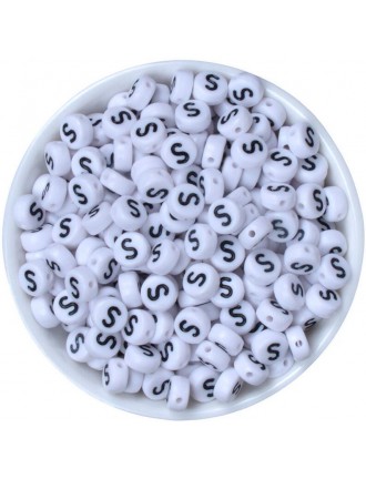 Perle Alphabet 7mm x 4mm Blanc Ecriture Noir Lettre au Choix