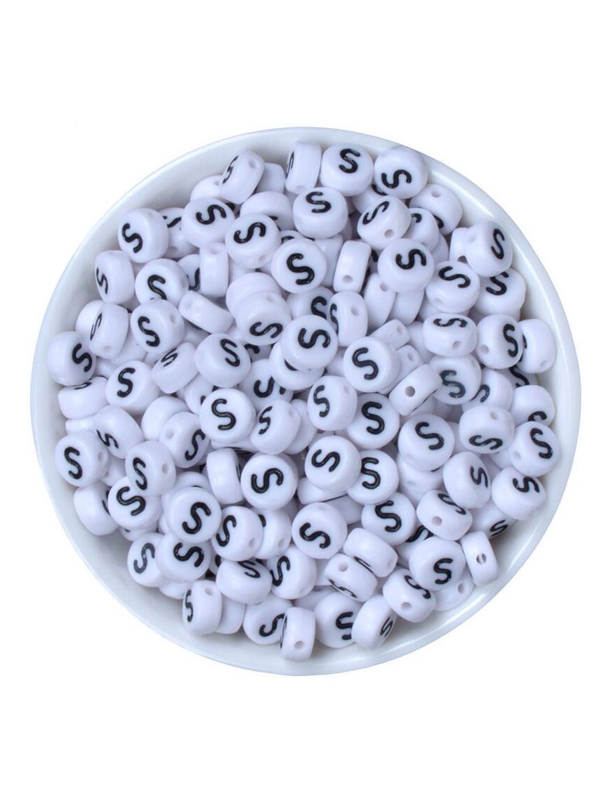 Perle Alphabet 7mm x 4mm Blanc Ecriture Noir Lettre au Choix