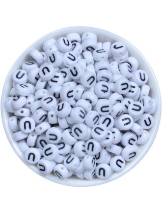 Perle Alphabet 7mm x 4mm Blanc Ecriture Noir Lettre au Choix