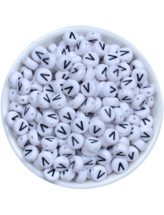 Perle Alphabet 7mm x 4mm Blanc Ecriture Noir Lettre au Choix