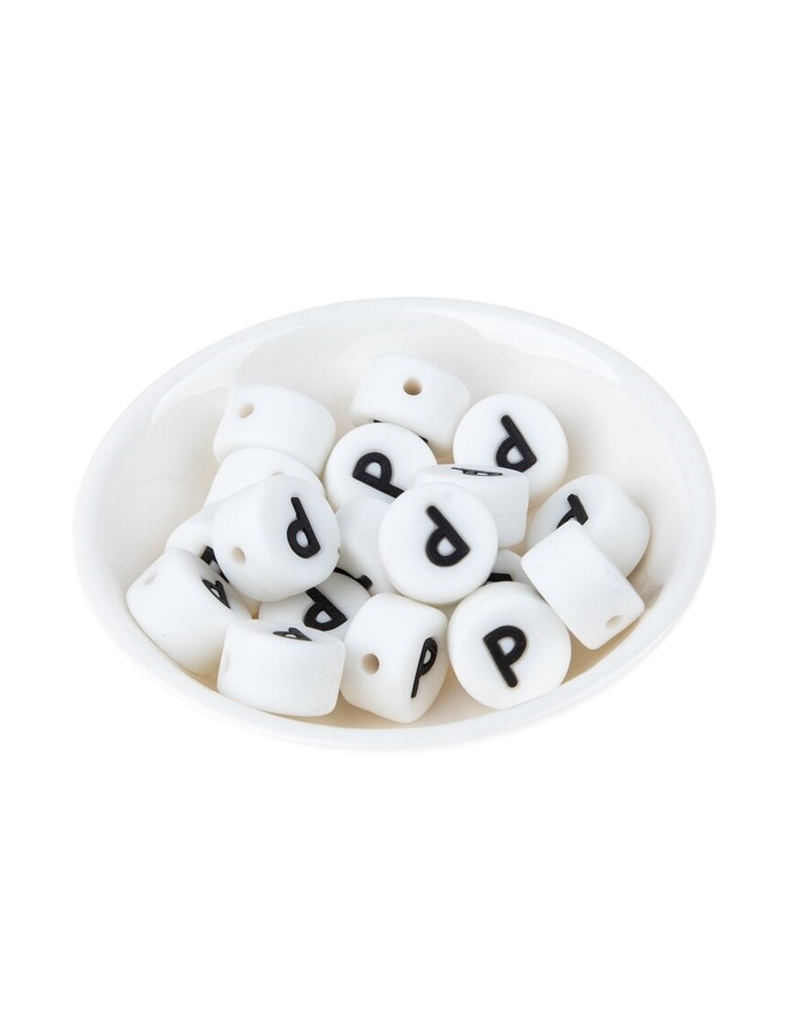 Perles Silicone Lettre Alphabet Rond 12mm Blanche