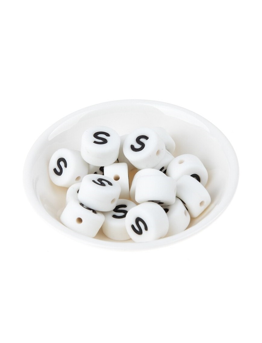 Perles Silicone Lettre Alphabet Rond 12mm Blanche