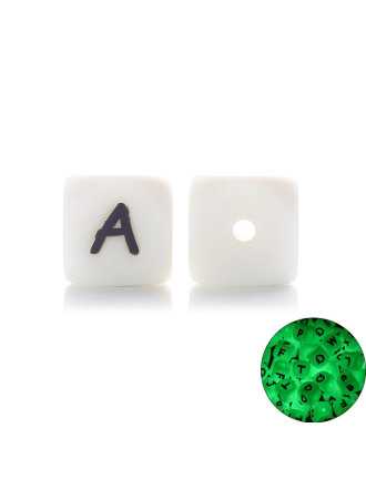 Perles Silicone Lettre Alphabet Phosphorescentes 12mm Blanc