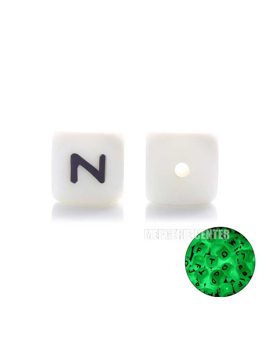 Perles Silicone Lettre Alphabet Phosphorescentes 12mm Blanc