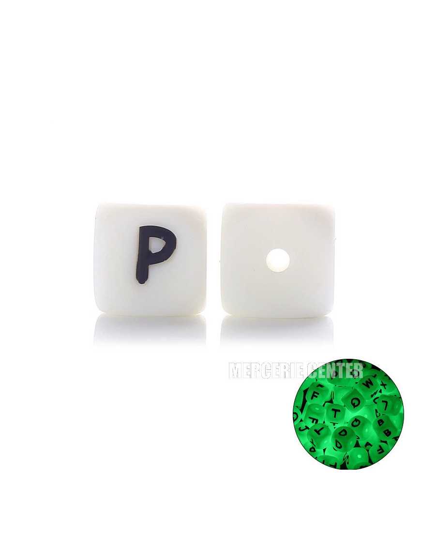 Perles Silicone Lettre Alphabet Phosphorescentes 12mm Blanc