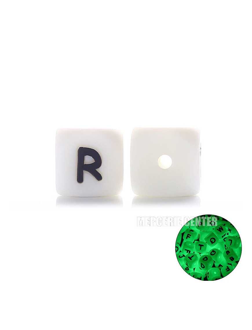 Perles Silicone Lettre Alphabet Phosphorescentes 12mm Blanc